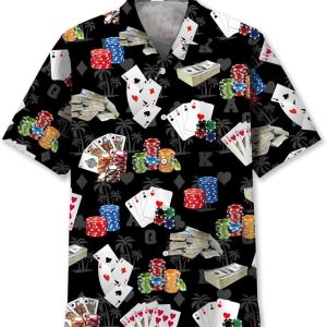 Poker Hawaiian Shirts for Men - Gambling Casino Skull Fire Short Sleeve Aloha Button Down Shirt